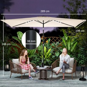 Outsunny Parasol LED Solarny ok. 300 x 200 cm regulowany Parasol Balkonowy z Korbką Pokrowiec UV Ochrona Obracany Kremowy | Aosom PL
