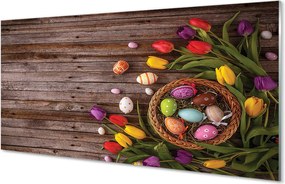 Szkło do Kuchni na Ścianę Tulipany i Jajka na Drewnie