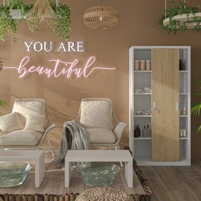 Biurowa szafa metalowa z drzwiami przesuwnymi KUBA, 900 x 1850 x 400 mm, Eco Design: biała/ dąb sonoma