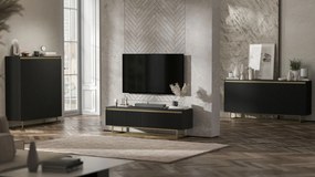 Ryflowana komoda z szafkami i szufladami Selene 3D3SZ, czarna na złotych płozach