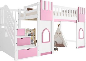 Łóżko na antresoli 90x200 cm - Ze schodkami z miejscem do przechowywania - Z dekoracyjnymi oknami - Z barierką zabezpieczającą - MDF - ​​Biały + Różowy​