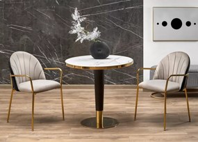 Stół Debor 79 cm w stylu glamour z okleinowanym blatem MDF imitującym marmur na czarnej nodze ze złotymi elementami