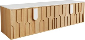 Wiszaca teksturowana szafka podumywalkowa z blatem z matowego spiekanego kamienia - Jasny naturalny - szer. 180 cm - MERKAN