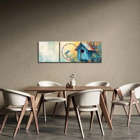 Obraz - Domek dla ptaków, akwarela (z zegarem) (90x30 cm)