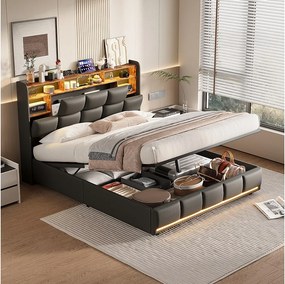 Łóżko tapicerowane 140×190 cm z gniazdkami USB i sieciowymi, łóżko dziecięce z podstawą z listew i schowkiem, łóżko ze schowkiem LED, czarna skóra ekologiczna