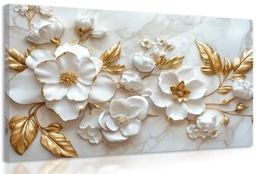 Obraz 3D kwiaty ze złotymi liśćmi