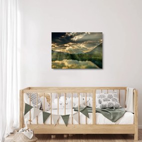 Obraz na szkle jeziora, przez które prześwieca słońce (70x50 cm)