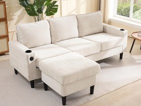 Kanapa 3-osobowa pikowana​​ - z ​​portami USB i Type-C​​ - z ​​dwoma uchwytami na kubki​​ - ​​Narożna sofa rozkładana​​ - ​​Beżowy​