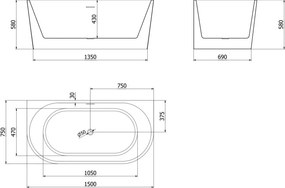 Mexen Oval wanna wolnostojąca przyścienna 150 x 75 cm, biała, przelew złoty - 52671507500-50