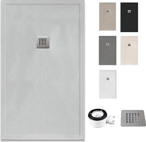 Brodzik żywiczny z rantem, ultracienki i antypoślizgowy z zaworem i kratką | Tekstura kamienia | Szary perłowy | 70 X 200 cm