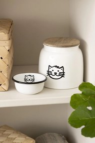 Biały metalowy pojemnik na karmę dla kotów z drewnianą pokrywką CAT FOOD