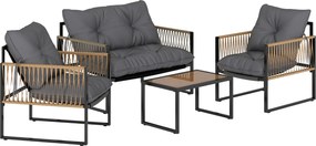 Outsunny Zestaw mebli ogrodowych, 4-elementowy, Sofa, 2 Krzesła, Stolik z blatem szklanym, Konstrukcja metalowa, Polyrattan, Antracyt