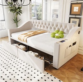 Sofa dziecięca tapicerowana z funkcją spania - 90 x 190 cm - z podłokietnikami ze schowkiem + port USB + 2 szuflady - welur - beż