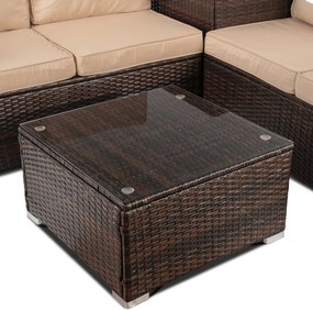 Zestaw mebli ogrodowych Savero, narożnik modułowy ze skrzynią, brązowy technorattan, poduszki beż