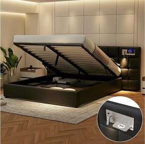 Łóżko ze schowkiem 180 x 200 cm i dużym zagłówkiem - Port USB i ładowanie bezprzewodowe oraz lampa świetlna - Tkanina lniana - Czarny (bez materaca)