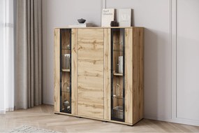Nowoczesny highboard 120 cm z LED – wysoka witryna do salonu z przeszkleniami dąb wotan