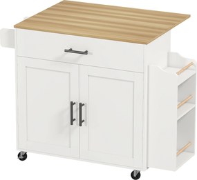 HOMCOM Wyspa kuchenna, wózek na kółkach z rozkładanym blatem, szuflada, półka, 120 x 68 x 85 cm, Biały