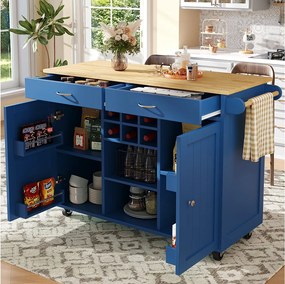 Mobilna wyspa kuchenna z 2 drzwiami i 2 szufladami - 102x45x92 cm - Drewno MDF - Niebieski i naturalny