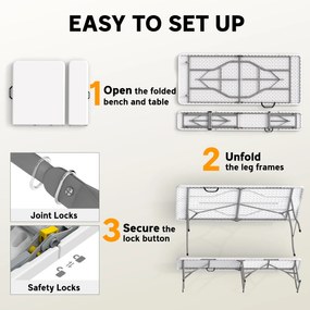 Outsunny Zestaw piknikowy 3 w 1, stół, 2 ławki, składany stół campingowy z uchwytami, z plastiku i metalu, biały