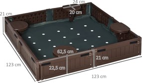 Outsunny Piaskownica z siedzeniami dla 4 osób, z podkładką i pokrowcem, dla dzieci w wieku od 3 do 12 lat, HDPE, 123 x 123 x 21 cm, brązowa