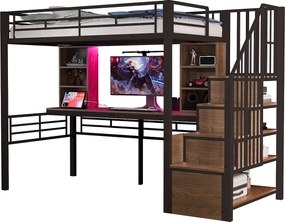 Łóżko na antresoli 90 x 200 cm - z półkami - z biurkiem - z gniazdkiem elektrycznym - z oświetleniem LED - z drabiną - czarny​ (materac nie jest wliczony w cenę)