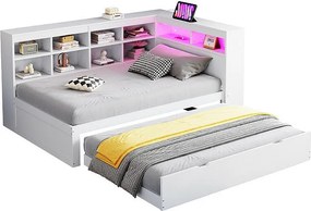 Łóżko-sofa z litego drewna 90x200 cm - z łóżkiem wysuwanym - z gniazdem USB + oświetleniem LED - z schowkiem - białe (bez materaca)