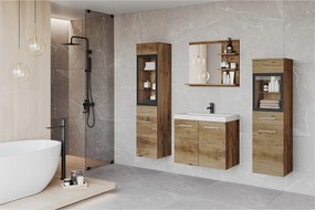 Komplet łazienkowy, wiszące meble z umywalką, 2 słupki i lustro z półkami, kasztan mat