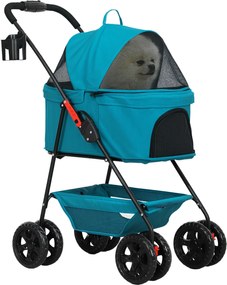 PawHut 3 w 1 Składany Wózek dla Zwierząt Domowych, Wózek dla Psów i Kotów z 4 Kołami i Odnoszoną Torbą, Turkusowy