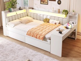 Rozkładana sofa 140x200 cm - z portami USB i LED - z biurkiem i 2 szufladami - biała (bez materaca)