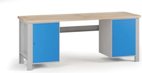 Stół warsztatowy G7, blat bukowy, 2100 x 685 x 840 mm, 2x szafka, niebieski