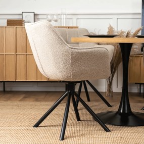 Zestaw Stół Okrągły LINO 100 cm Dąb Złoty/Czarny i 4 Krzesła Tapicerowane Obrotowe PEONY Beżowe Nowoczesne