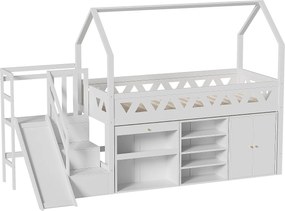 Łóżko mezzanine wielofunkcyjne z drewna i MDF - 90x200 cm - z zjeżdżalnią, schodami i szafkami - Białe (bez materaca)