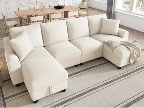 Nowoczesna sofa narożna w kształcie U 280×137×84 cm - zawiera dwie poduszki - z miejscem do przechowywania - tkanina chenille - beżowa