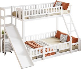 Łóżka piętrowe 140 x 200 cm + 90 x 200 cm ze zjeżdżalnią, półkami i barierkami zabezpieczającymi - Sosna + MDF - Białe (bez materaca)