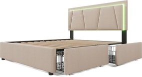 Łóżko tapicerowane 160x200cm z lnu - z 2 szufladami + LED + stelażem na listwach - Beżowe