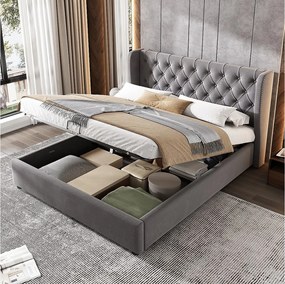 Łóżko dla dorosłych ze schowkiem 140 x 190 cm aksamitne - stelaż z listew - styl Chesterfield - szare