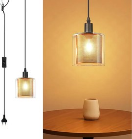 Lampa wisząca Nettlife Vintage 1-Bulb: złota szklana lampa wisząca z wtyczką i przełącznikiem, żarówka E14, 4,5-metrowy kabel metalowy w stylu retro