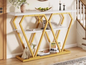 Konsola 120x29,5x80 cm - z blatem w stylu marmuru - Metal - Biały + złoty