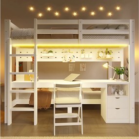 Łóżko piętrowe Enfamt - 90 x 200 cm + 140 x 200 cm - z diodami LED + biurko + szuflady - drewno - białe