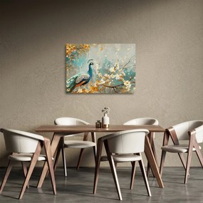 Obraz na szkle - Paw ze złotą dekoracją (70x50 cm)