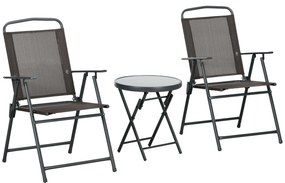 Outsunny Zestaw bistro 3-częściowy z metalu odpornego na warunki atmosferyczne z krzesłami ogrodowymi i składanym stolikiem ze szkłem brązowy