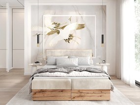 Łóżko kontynentalne TILIA-160x200cm Pojemniki na pościel|Topper|Łóżko podwójne|Materac bonellowy|Tkanina sztruksowa|Łóżko tapicerowane|Płyta Wotan-Beżowy