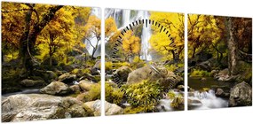 Obraz - Wodospady w jesiennym krajobrazie, żółty (z zegarem) (90x30 cm)