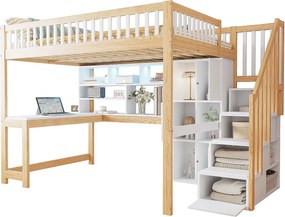 Łóżko piętrowe 140×200 cm - z oświetleniem LED - ze schodami ze schowkiem - z półkami - z biurkiem - Białe + Naturalne (materac nie jest zawarty)