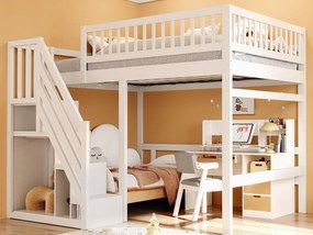 Łóżko mezzanine 140x200cm - ze schodami z miejscem do przechowywania - drewno lite + sklejka + MDF - Biały