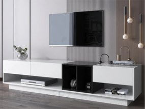 Meble TV 190 cm - 3 szuflady i 2 przegrody - biały połysk i czarny