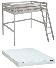 Łóżko antresola GEDEON - 140 × 190 cm - Lite drewno sosnowe - Bielone + materac