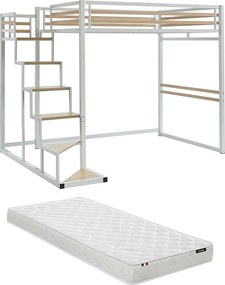 Łóżko antresola 140 x 200 cm - Metal i MDF - Biały + Materac - JOGUI