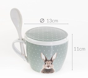 Kubek z pokrywką i z łyżeczką FLUFFY, porcelanowy, zajączek, 600 ml