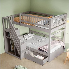 Łóżko piętrowe dla dzieci - 2 x 90 x 200 cm - z 1 szufladą + schowkiem schodowym - drewno + płyta MDF - szare